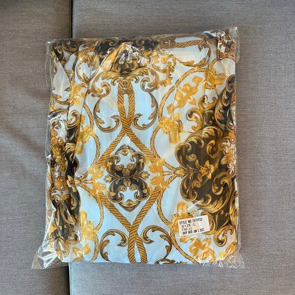 Powder Blue Gold Chiffon Baroque Sleeveless Open Back V-Neck Maxi Dress LG New - Picture 15 of 15